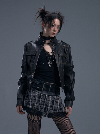 Black PU Vintage Punk Crop Jacket with Buckle Accents