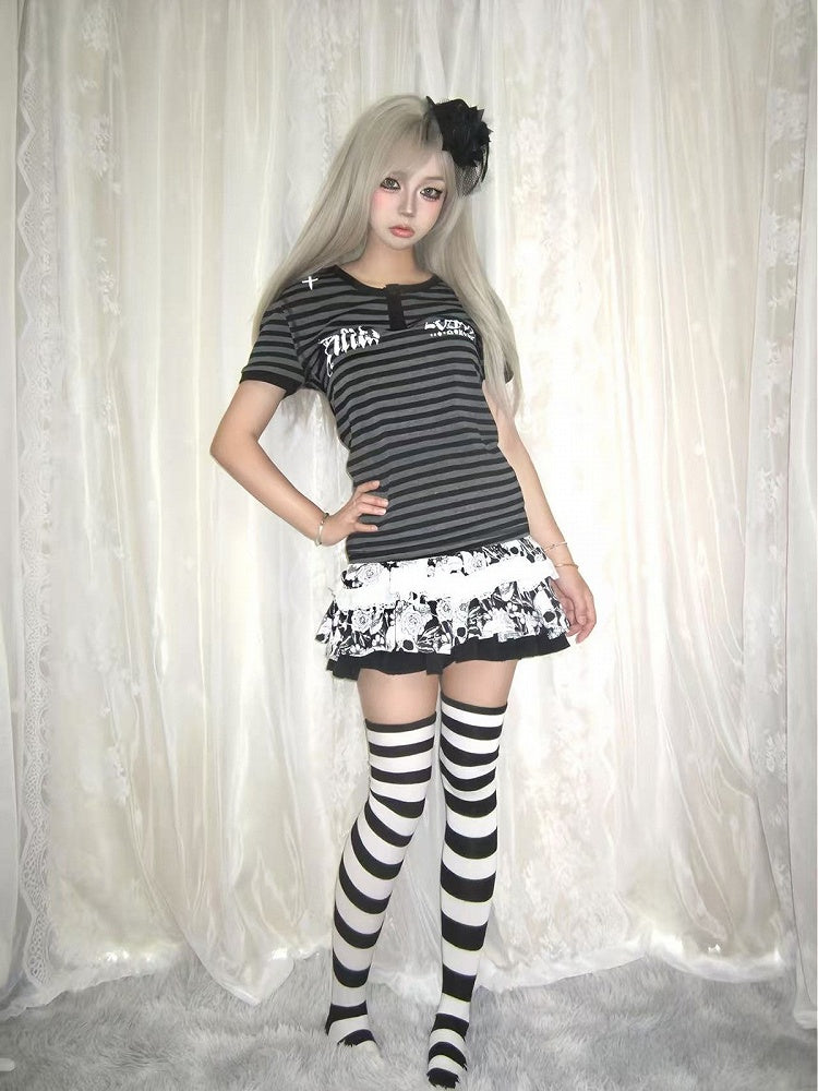 Y2K Striped T-Shirt with Cross and Gothic Letter Details - Alita26SS