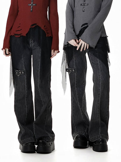 Detail Faded Wash Distressed Graue Schlagjeans mit Herzschnalle