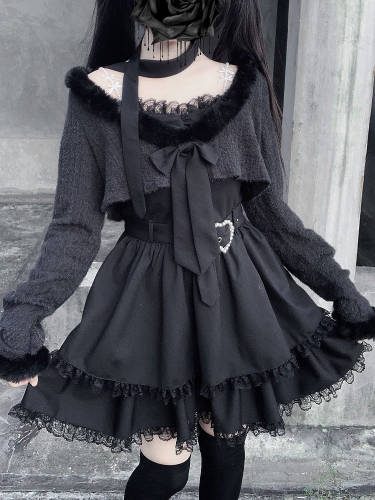 Black Cami Fuzzy Layered Long Top under Collar Belt Style Landmine Sleeve Dress Set: Heart +