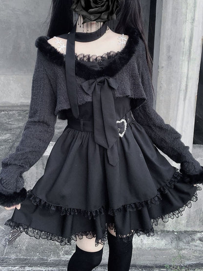 Black Cami Fuzzy Layered Long Top under Collar Belt Style Landmine Sleeve Dress Set: Heart +