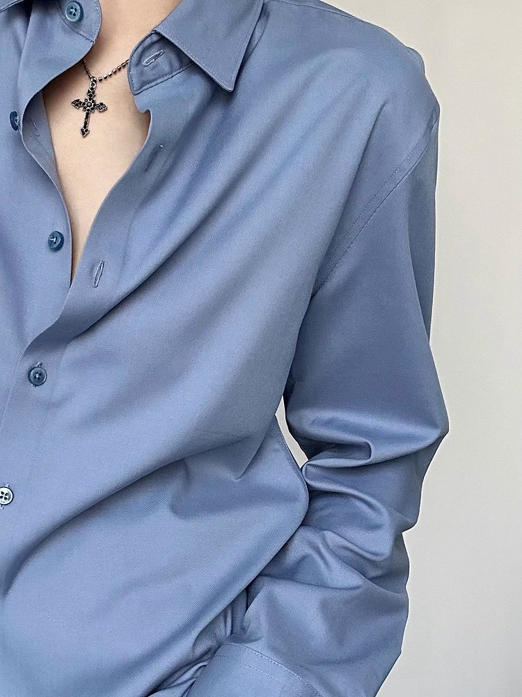 Ouji Long Collar Modal with Flat Unisex Shirt Dusty Blue Sleeve Cuffs Button Pointed Lolita