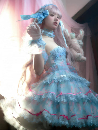 Satin-Bonding-Bunny-Kleid mit Lolita-Print-Akzenten und süßer blauer Schleife