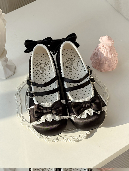 Black Buckles Double Lolita with Mary PU - Janes Satin-Finish Bow Ruffled Sweet Lace