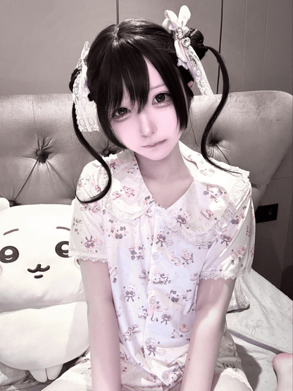 Blouse Print Peter Pan Collar Allover Heart Pockets White Pajamas Kei Set Bunny Jirai + Shorts