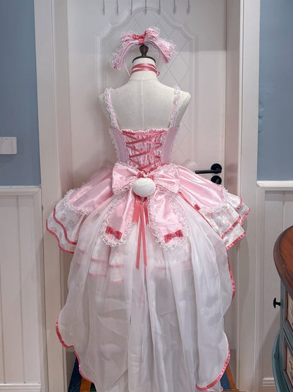 and Waist Accents Lolita Pink with Dress Basque Floral Fluffy Sweet Print Bow