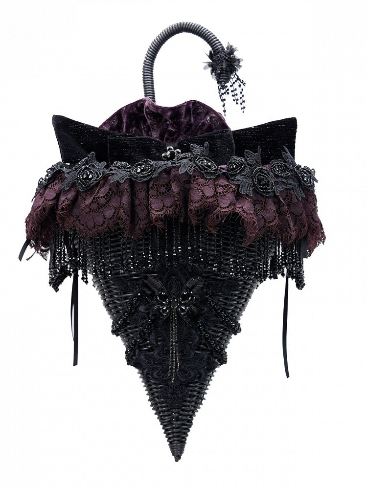 Gothic Victorian Umbrella Handbag in Black and Purple with Tassel Lace and Detachable Bow - Blood Supply