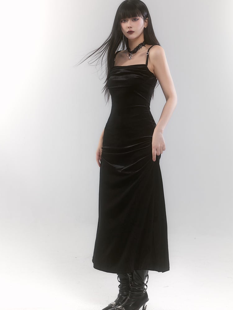 Black Velvet Side Slit Slip Dress