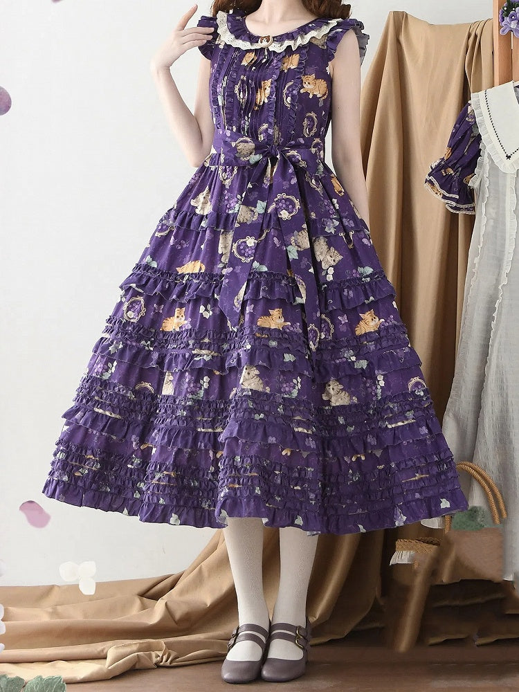 Modischer Lolita-Rock und Print, lila Hauspullover, traubenlanges Kleid, veränderbar, rosa Kätzchen