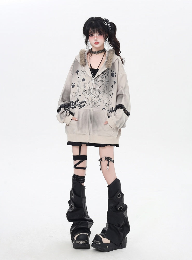Collar Fur Punk Faux Detail with Lace-Up Coat Khaki/Black Loose