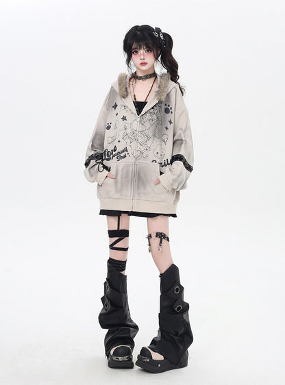 Collar Fur Punk Faux Detail with Lace-Up Coat Khaki/Black Loose