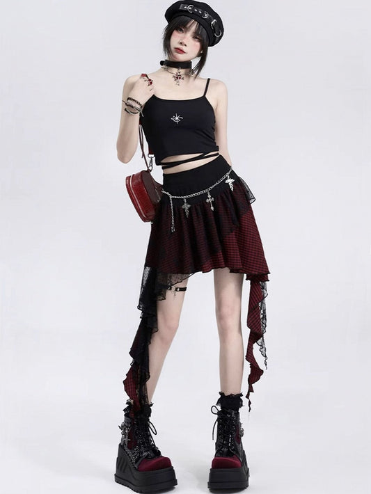 Mesh Cascading Red with Black Festival Overlay Skirt Music Outfits Plaid Ruffles