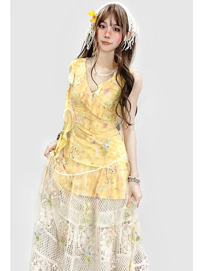 花柄ドレス ホワイト アシンメトリー イエロー ベージュ ホリデーセット - 透け感のある刺繍 + スカート裾