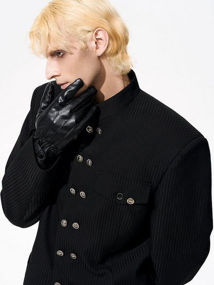 Stripe Black with Unisex Double-breasted Shoulders Padded Mock Button Placket Jacket Neck