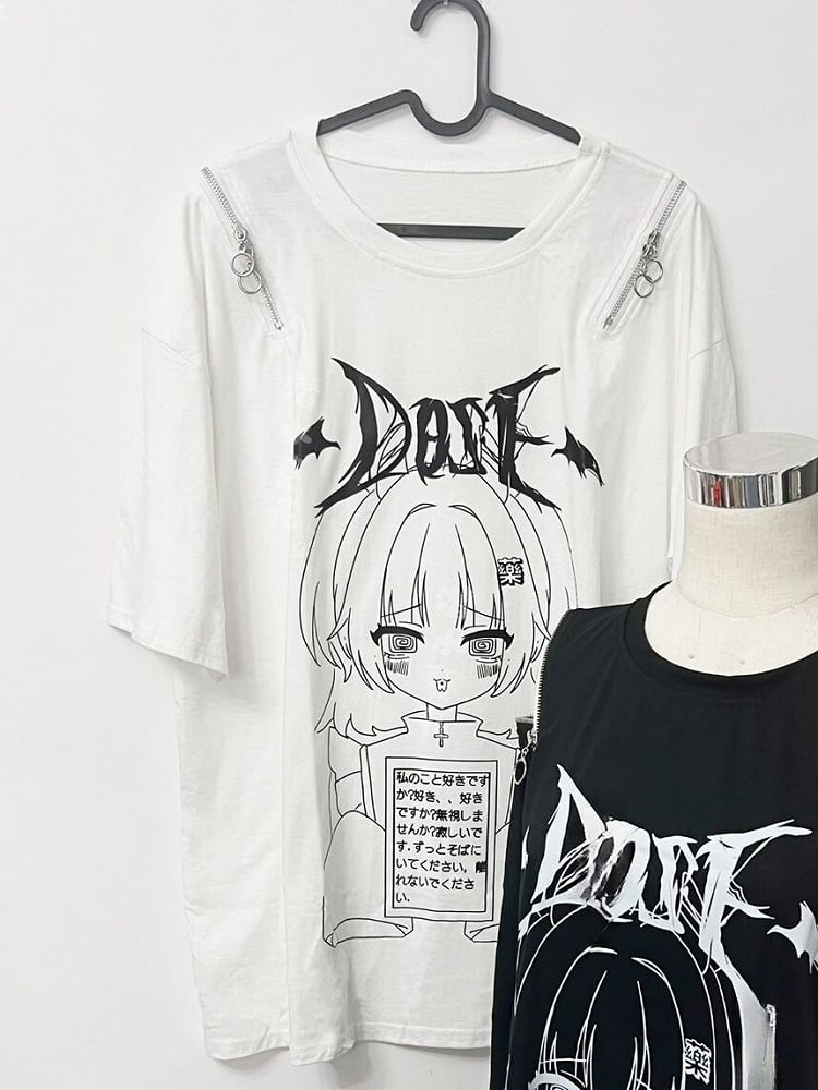 T-Shirt Jirai Letter Print Mädchen Weiß und Cartoon Kei