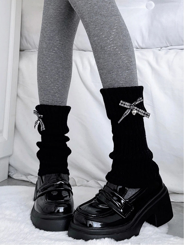 Gingham Slouchy Black Bow Ribbed Warmers Leg