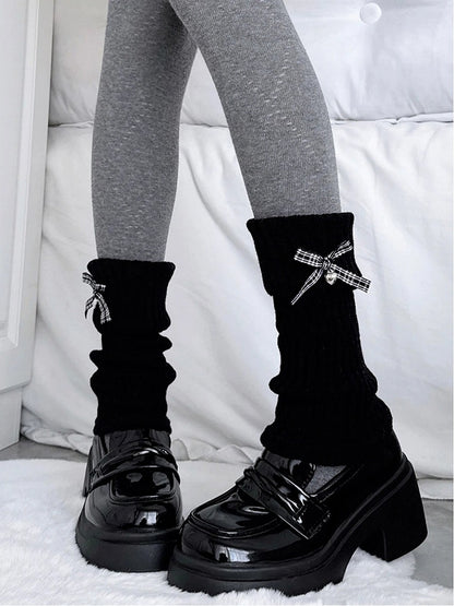 Gingham Slouchy Black Bow Ribbed Warmers Leg
