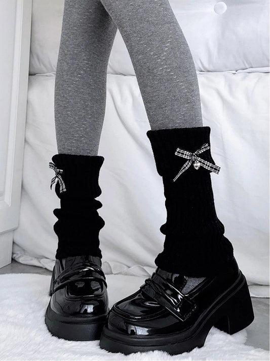 Gingham Slouchy Black Bow Ribbed Warmers Leg
