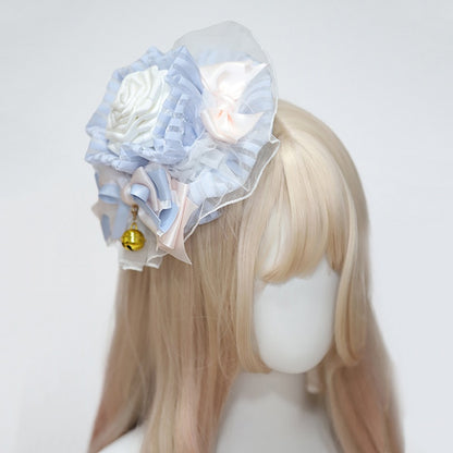 Blue Charm/Cat Lolita Hat and Mini White Ear with Flower Golden Trim Hairclips Lace Bell