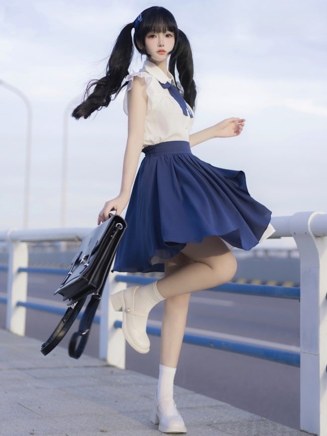 Bow Blue White Blouse Music with Note Flutter Tie Sleeves
