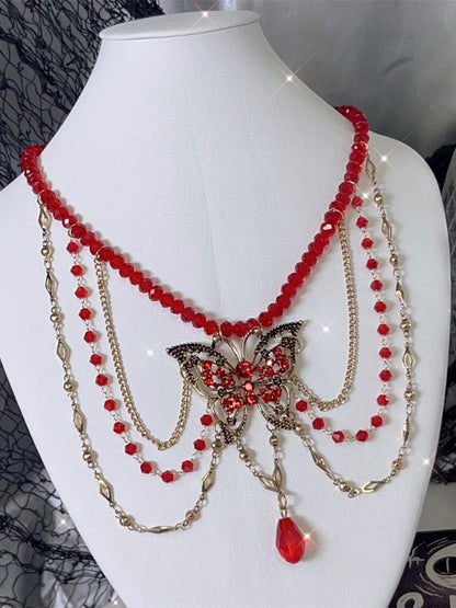Gothic Red Bead and Butterfly Details Necklace