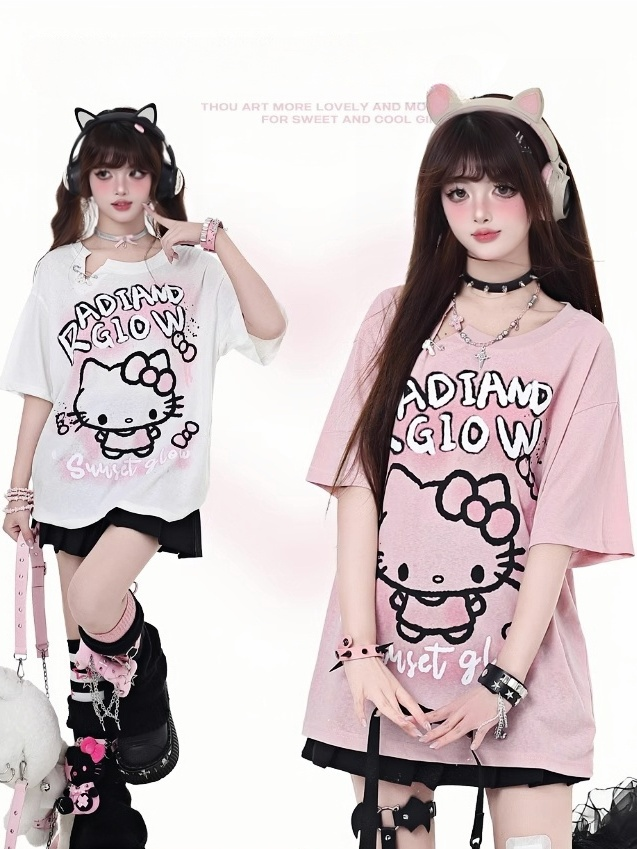 Adorable Kitty Graffiti Pink/White Bittersweet Detail T-Shirt Pin