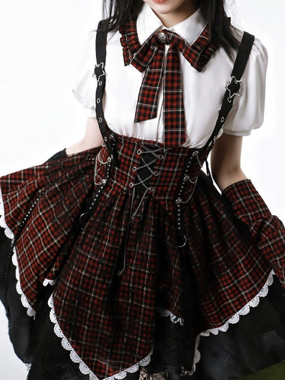 with Star Lolita Punk Black Accents Overall Dress Trim and Plaid Lace Red