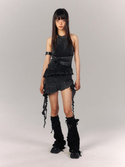 Ruffles Cascading Punk Dress Hem Vintage Asymmetrical Denim Waist Rose with Halter Black