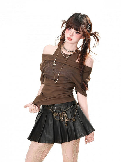 Aprikose/Schwarz/Kaffeefarbenes Neckholder-T-Shirt mit Cut-Outs an den Schultern und Buchstaben