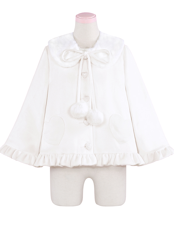 White Sweet Lolita Coat - Heart Buttons with Detachable Plush Collar