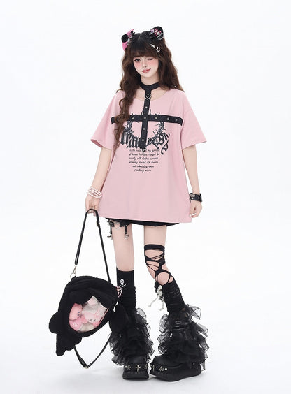 Black/Pink Glamorous Graphic T-Shirt with PU Straps Y2K Halter Neck