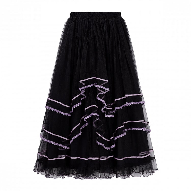 Floral Crossover Dress Neck Black Overdress Purple + Lolita Skirt Han Print Tulle