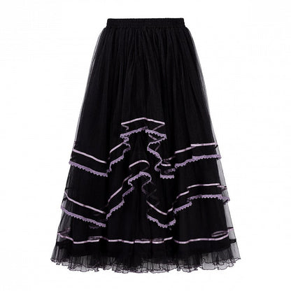 Floral Crossover Dress Neck Black Overdress Purple + Lolita Skirt Han Print Tulle