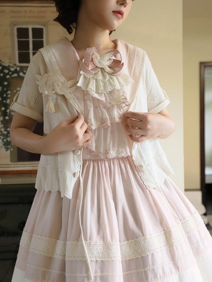 with Scalloped Beige Knitted Perforated Lolita Cardigan Short-sleeved Edge Trim