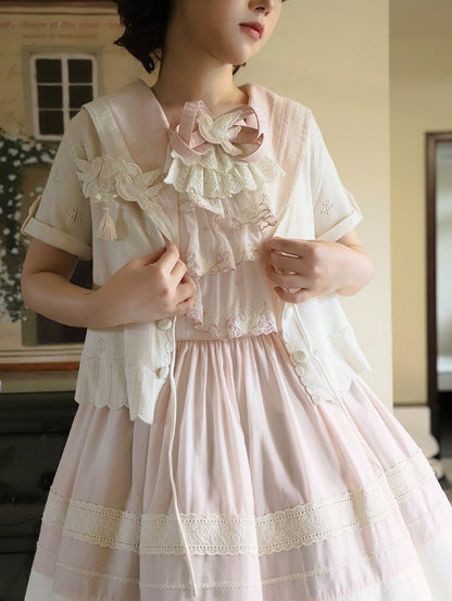 with Scalloped Beige Knitted Perforated Lolita Cardigan Short-sleeved Edge Trim