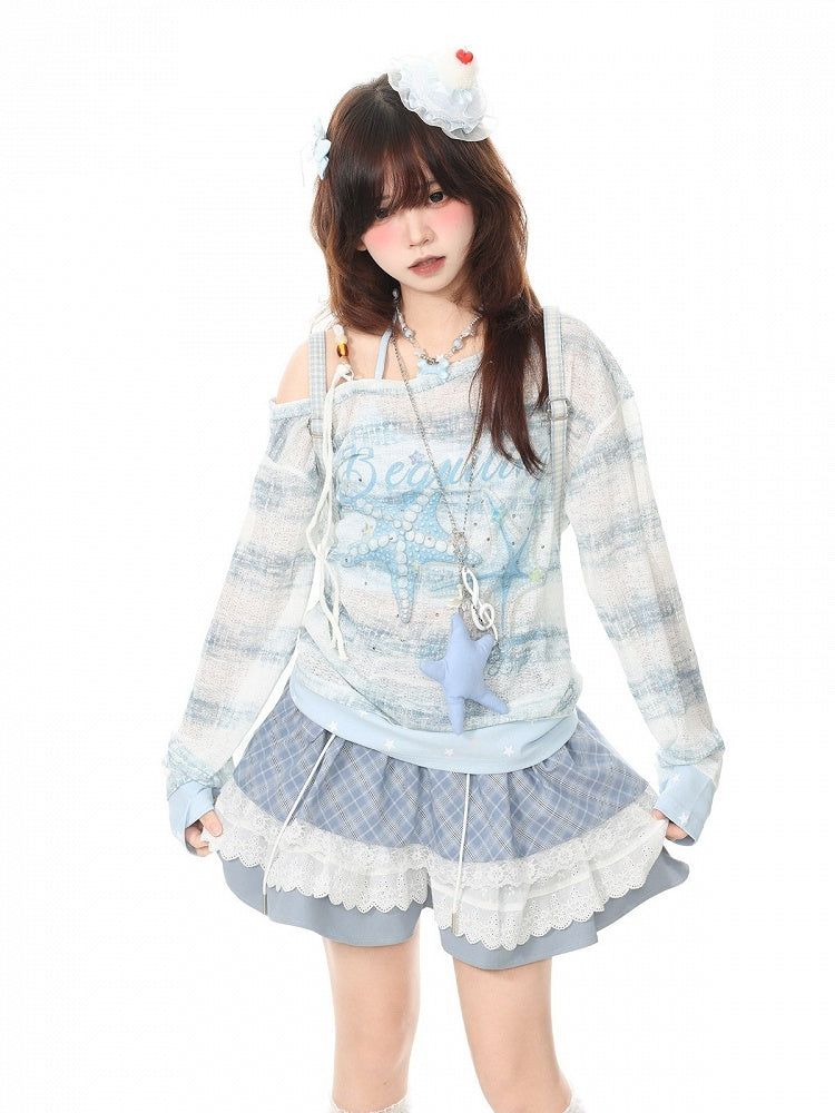 Blue Off Shoulder Long Sleeve Top with Starfish Print & Rhinestone Details - Languid Park