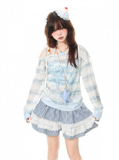 Blue Off Shoulder Long Sleeve Top with Starfish Print & Rhinestone Details - Languid Park