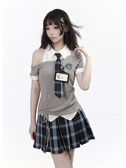 Black & Blue Plaid Box Pleat Skirt with Buckle Strap Detail - PINK SAVIOR