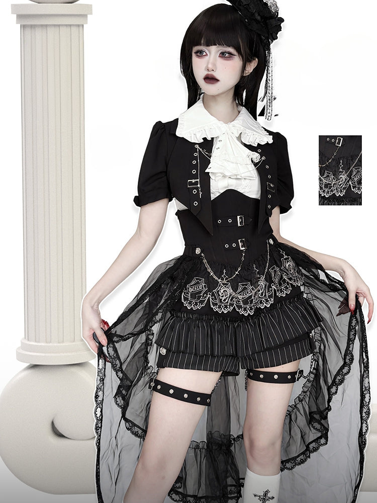Black and White Prince Ouji Lolita Outfit - White Sleeveless Shirt + Black Cropped Top + Hiigh Waist Blommer Shorts Full Set