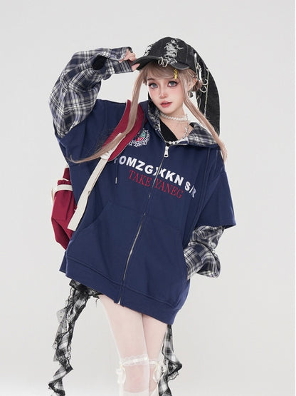 Weiß Schwarz Ärmel Plaid Blau Navy Patchwork Hoodie