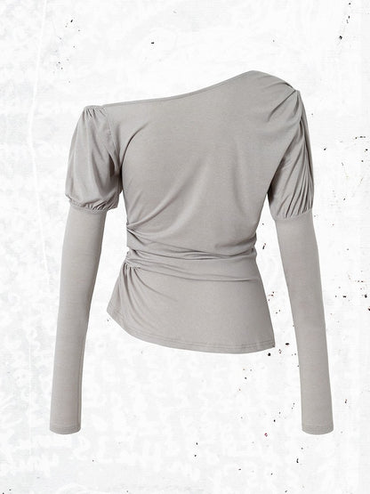 Punk Heart Cross Juliette Knit Top Gray with Sleeves Print Grunge Aesthetic Asymmetrical