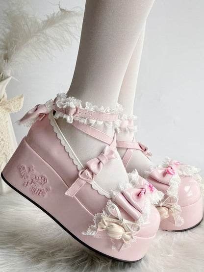 Sweet with Theme Mary Bow PU Lolita Trim Lace Candy Janes Platform Accents Pink -