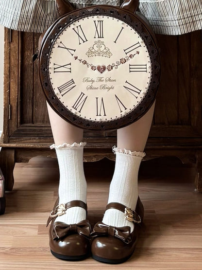 Bow Buckles Brown Hugging Top Heart Lolita Flats Sweet with Bear at