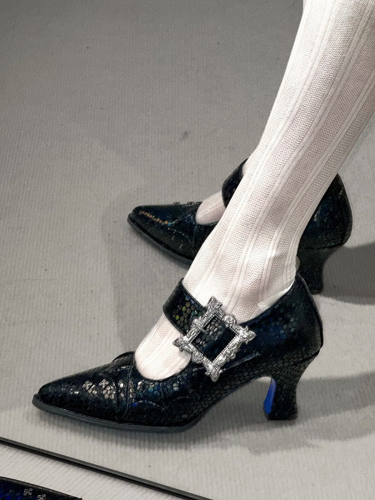 Crack Black 6.5CM Pointed Toe Heels with Bat Wing and Square Buckle Gothic Accents - NRose