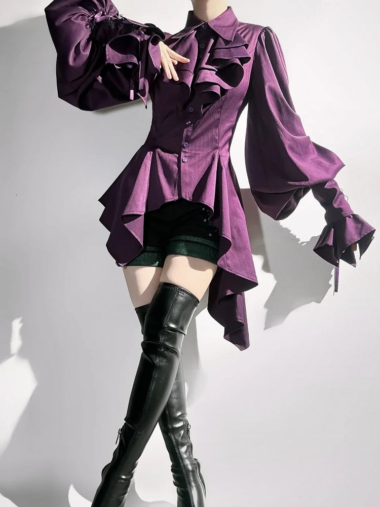Purple Gothic Ouji Lolita Irregular Cascading Hemline Pointed Collar Long Sleeves Shirt
