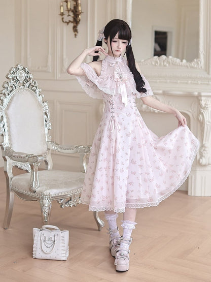 Floral Print Long Dress with Rhinestone Bow Tie - Ekomi