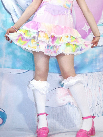 Weiß/Blau/Lila Rock mit Spitzenbesatz Y2K Streifenmuster Stufen A-Linie