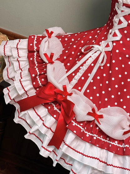 and Puff Dress Dot Sleeves School Polka Lolita Neck with Old Red Accents Halter Bow