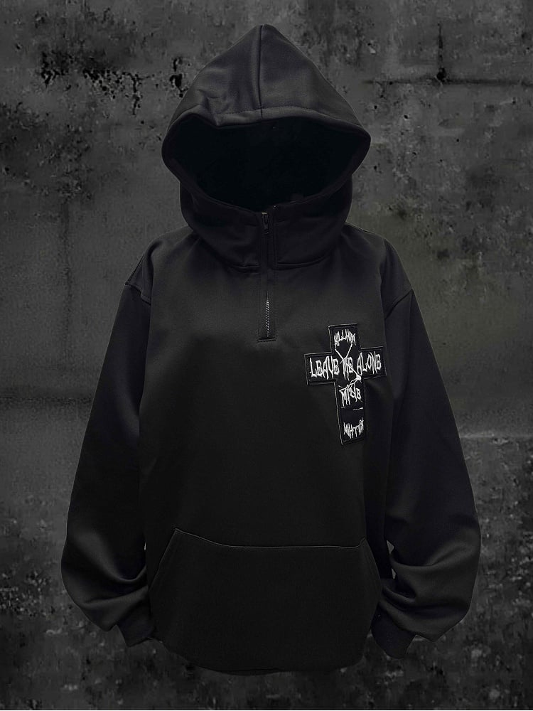 Partial Zip with Black Hoodie Placket Embroidery Applique Cross and Y2K