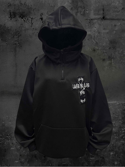 Partial Zip with Black Hoodie Placket Embroidery Applique Cross and Y2K